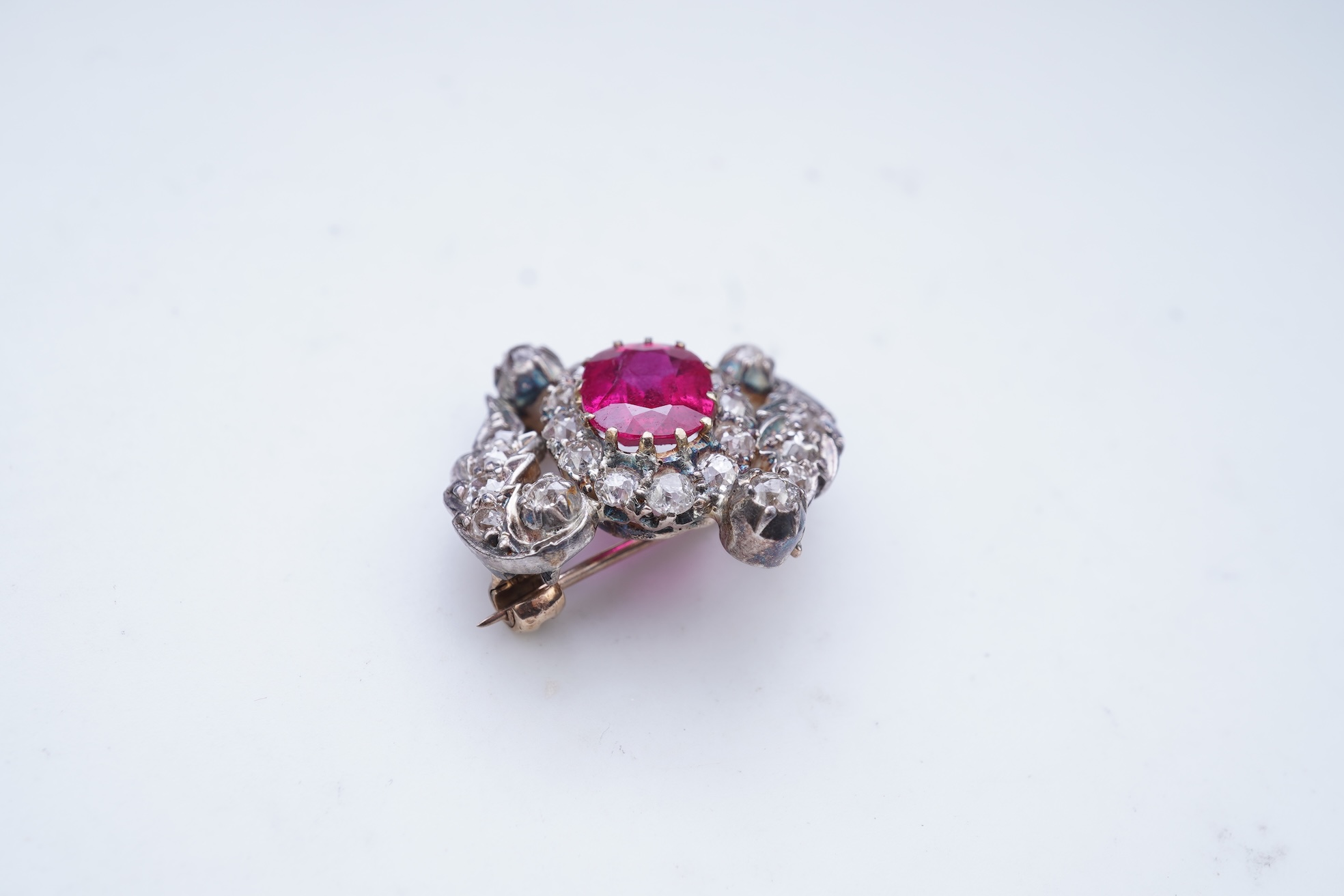 A synthetic ruby and diamond brooch, early 20th century